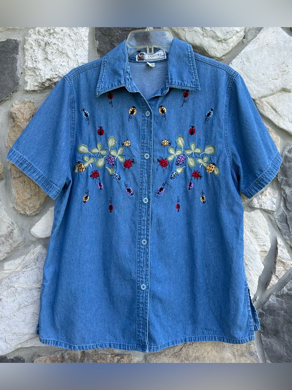 Vintage Denim Cottagecore Button Up Shirt Size L Embroidered Lady Bugs Country